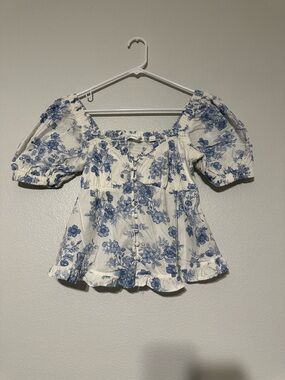 Altar'd State White Blouse with Blue Floral Puff Sleeves